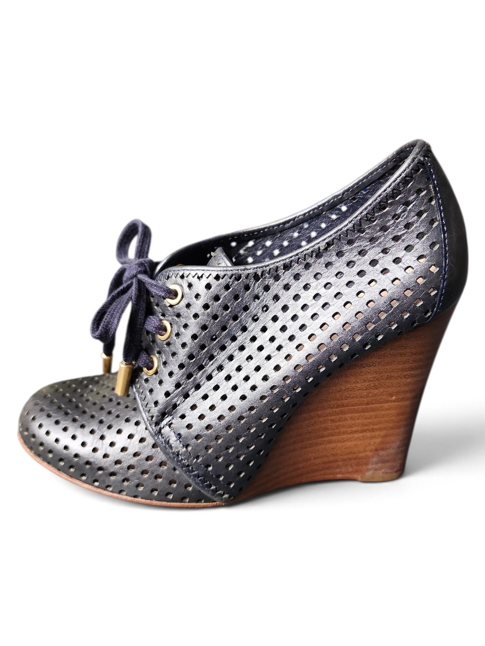 Tory Burch Perforated Leather Wedge Booties Navy 6.5M Boho Chic Luxe Oxford Chic